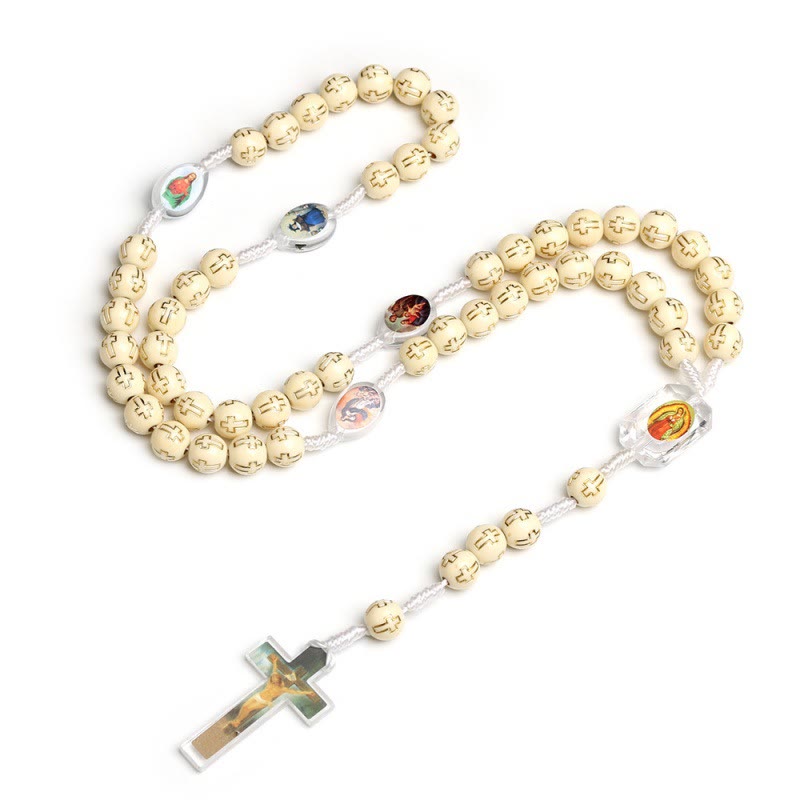 Christianartworkshop Crucifix of 10 mm Round Multicolor Acrylic Nylon Cord Rosary - Beige - image 2