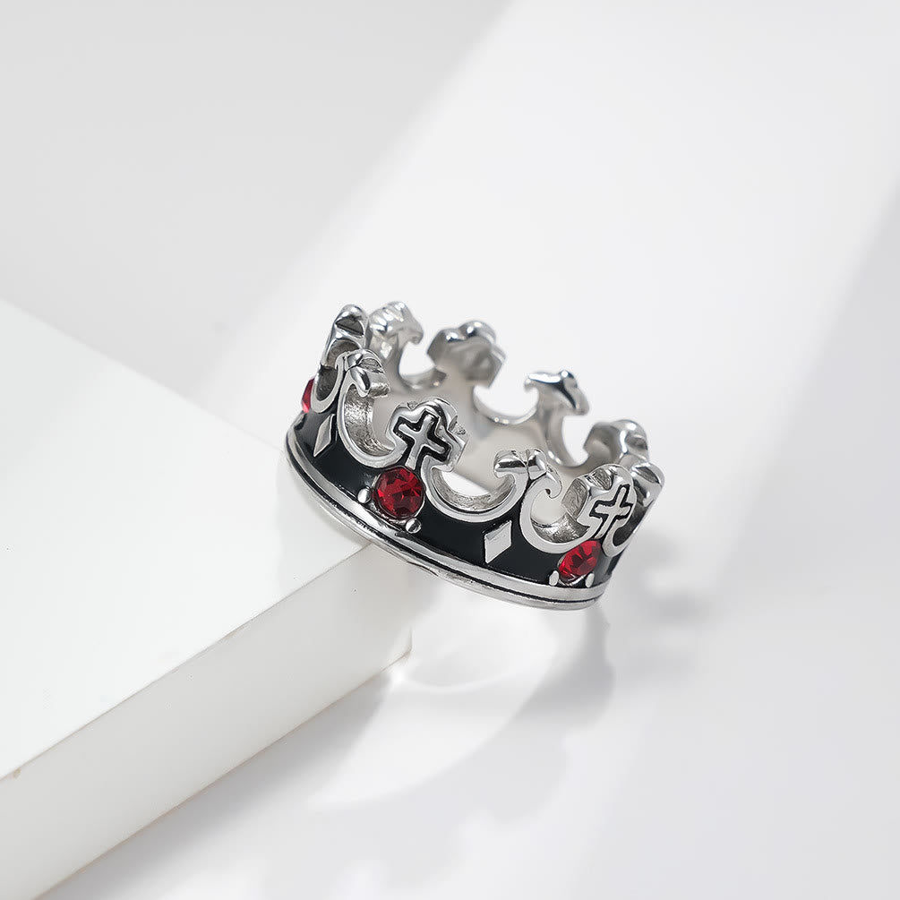 Christianartworkshop Retro Style Red Gem Papal Crown Cross Titanium Ring - Silver - US13 - image 3