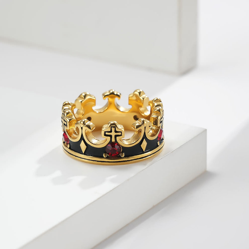 Christianartworkshop Retro Style Red Gem Papal Crown Cross Titanium Ring - Golden - US13 - image 2