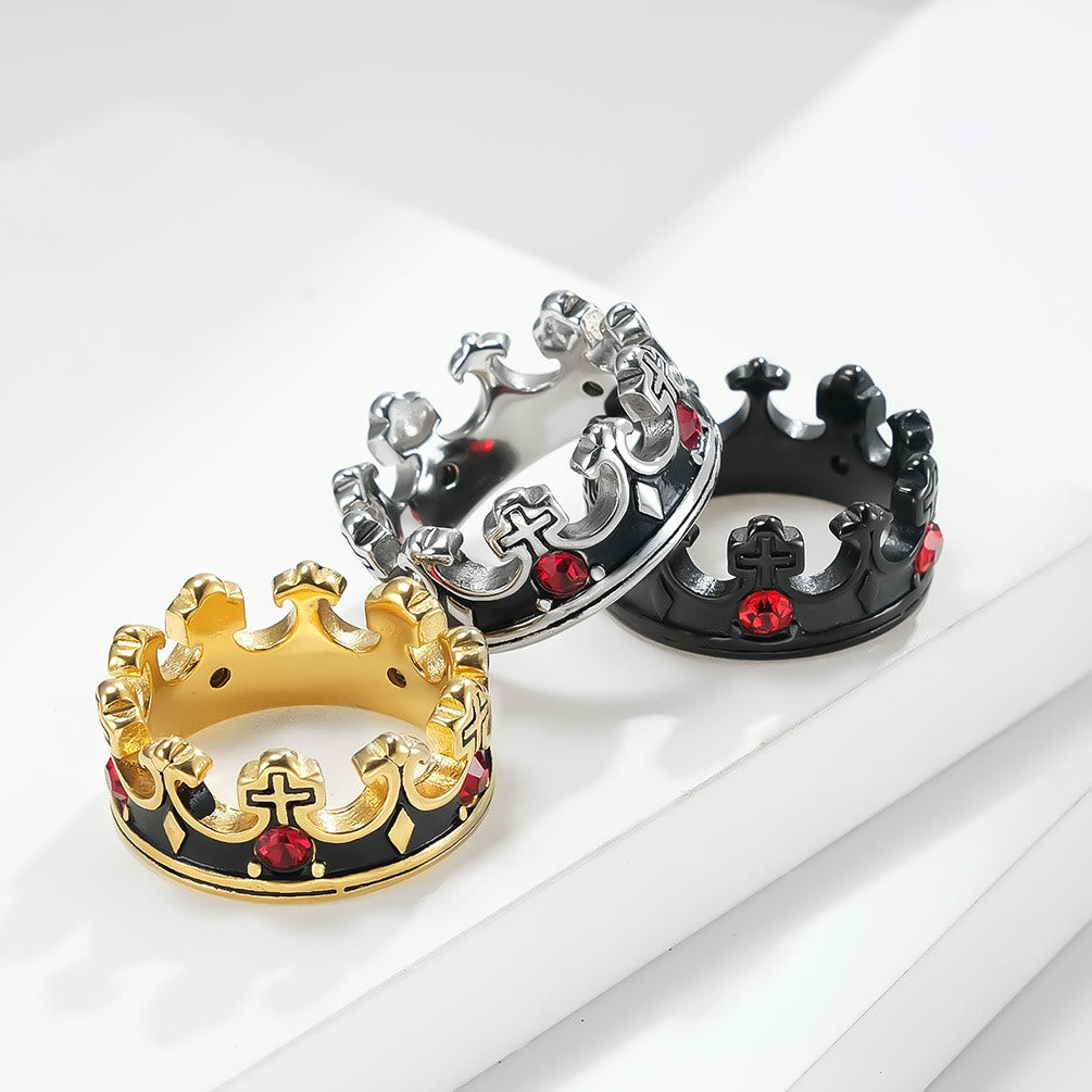 Christianartworkshop Retro Style Red Gem Papal Crown Cross Titanium Ring - Golden - US8 - image 1