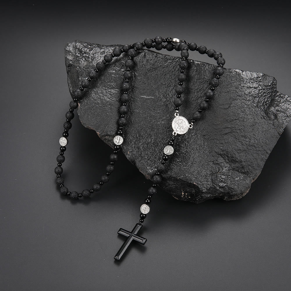 Christianartworkshop St. Benedict Medal & Cross of 8 mm Round Black Multi-material Nylon Cord Rosary - Volcanic Stone - image 4