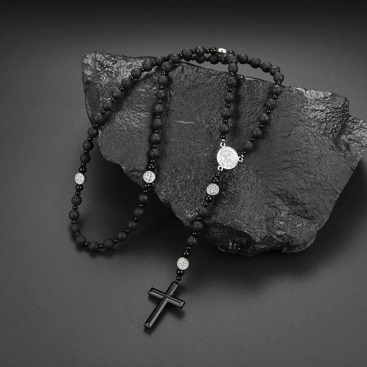 Christianartworkshop St. Benedict Medal & Cross of 8 mm Round Black Multi-material Nylon Cord Rosary - Volcanic Stone - image 4