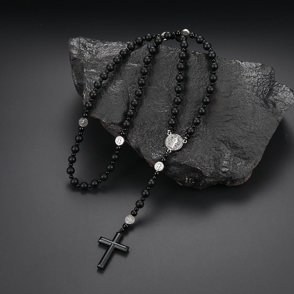 Christianartworkshop St. Benedict Medal & Cross of 8 mm Round Black Multi-material Nylon Cord Rosary - Black Agate - image 6