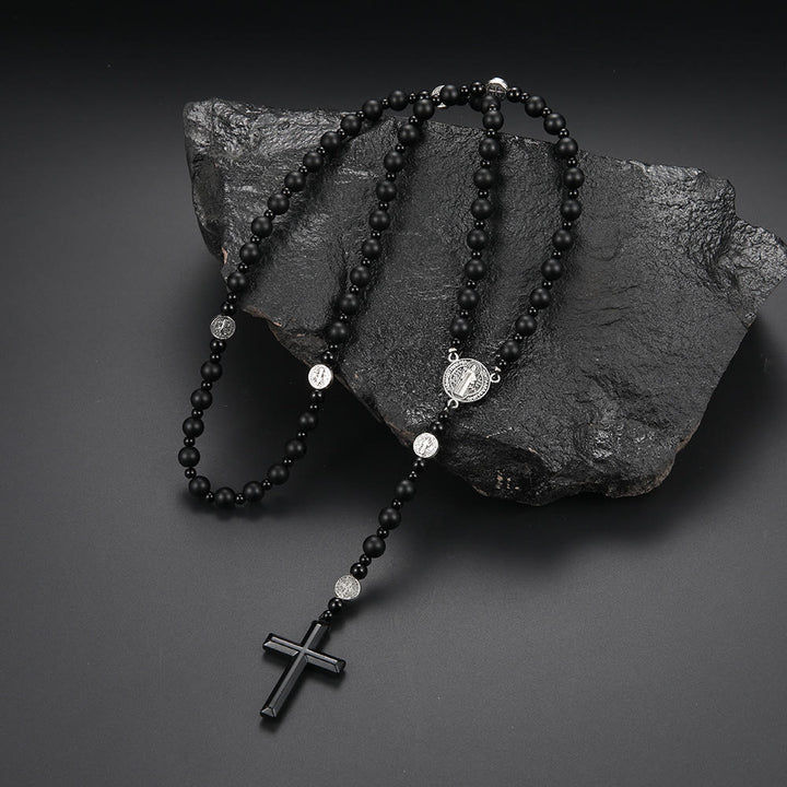 Christianartworkshop St. Benedict Medal & Cross of 8 mm Round Black Multi-material Nylon Cord Rosary - Black Agate - image 6