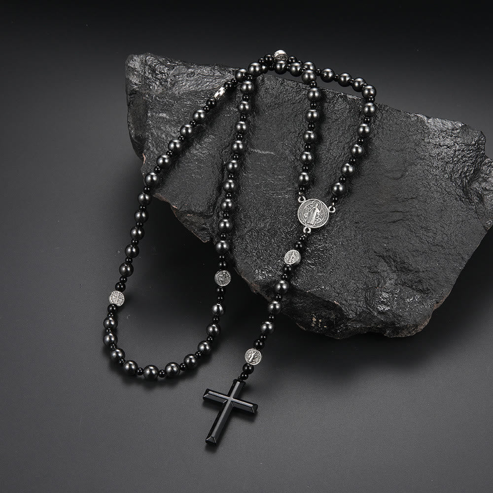 Christianartworkshop St. Benedict Medal & Cross of 8 mm Round Black Multi-material Nylon Cord Rosary - image 2