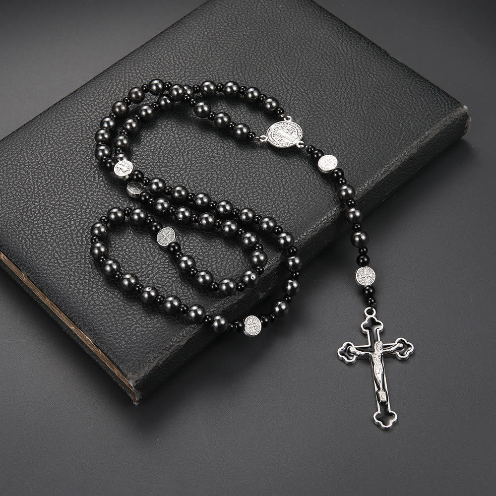 Christianartworkshop St. Benedict Medal & Cross of 8 mm Round Black Multi-material Nylon Cord Rosary - Gallstone-Crucifix - image 3