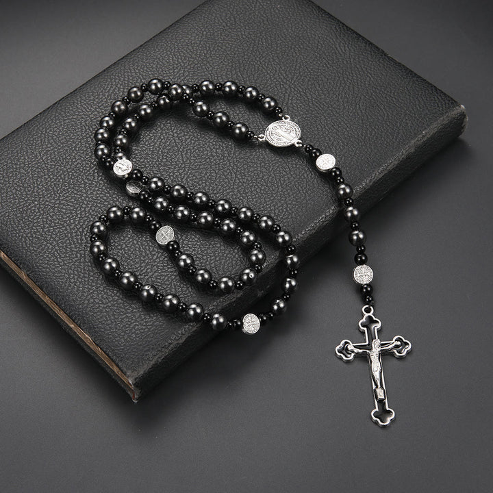 Christianartworkshop St. Benedict Medal & Cross of 8 mm Round Black Multi-material Nylon Cord Rosary - Gallstone-Crucifix - image 3