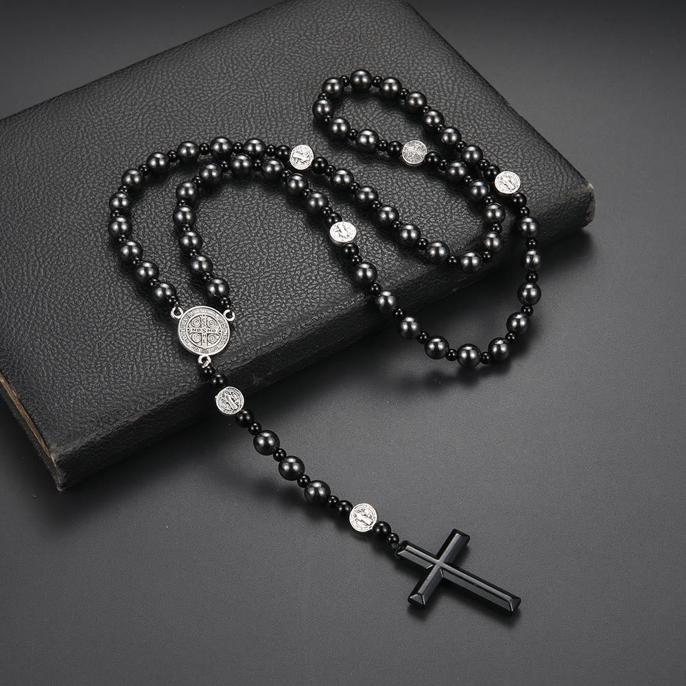 Christianartworkshop St. Benedict Medal & Cross of 8 mm Round Black Multi-material Nylon Cord Rosary - Gallstone-Cross - image 1