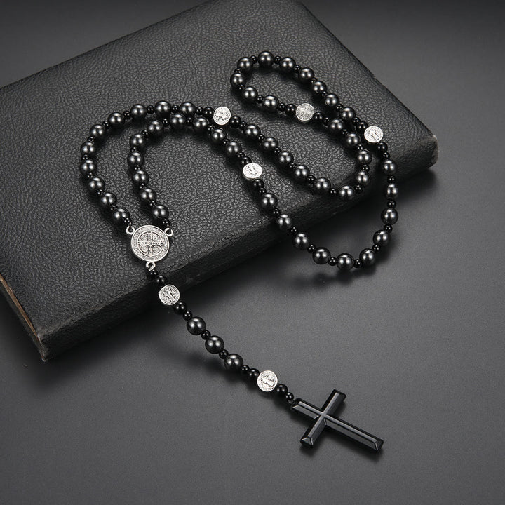 Christianartworkshop St. Benedict Medal & Cross of 8 mm Round Black Multi-material Nylon Cord Rosary - Gallstone-Cross - image 1