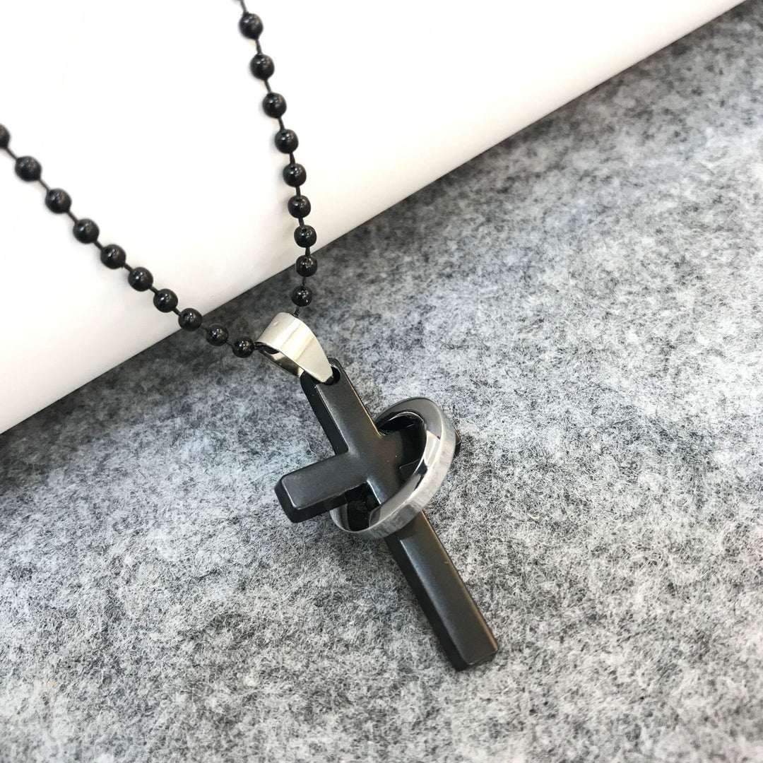 Christianartworkshop Minimalist Style Cross Ring Black Pendant Alloy Necklace - Black - image 1