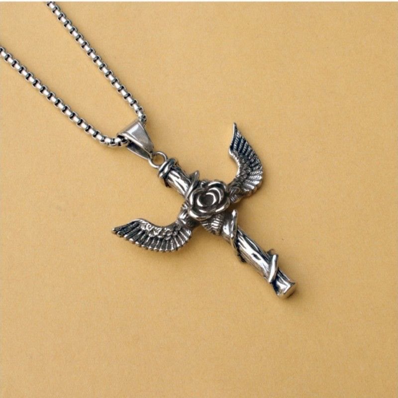 Christianartworkshop Retro Style Wings Rose Cross Pendant Titanium Necklace - Rose Wings - image 0