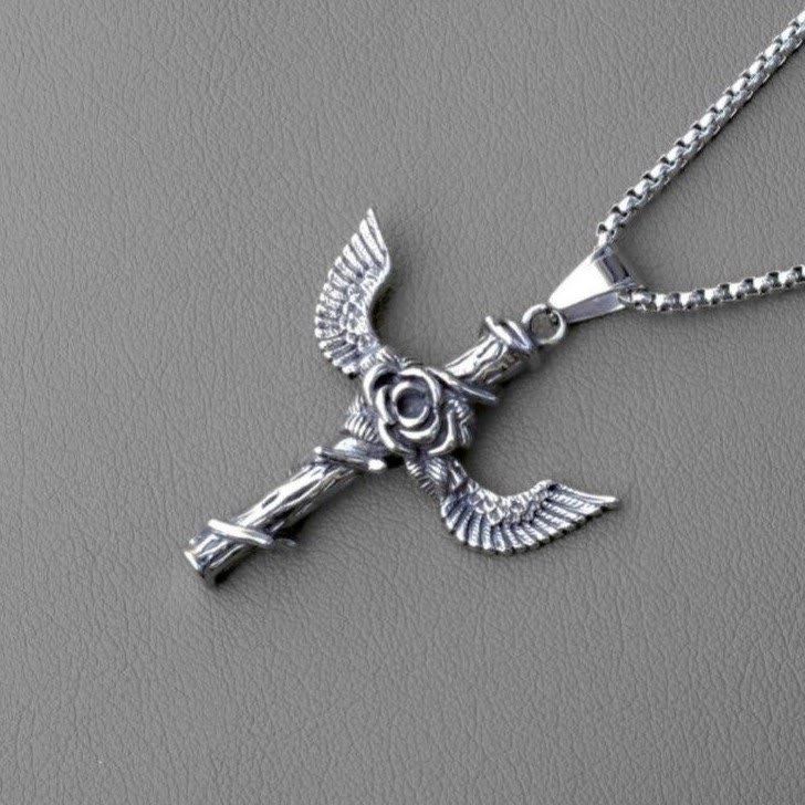 Christianartworkshop Retro Style Wings Rose Cross Pendant Titanium Necklace - image 1