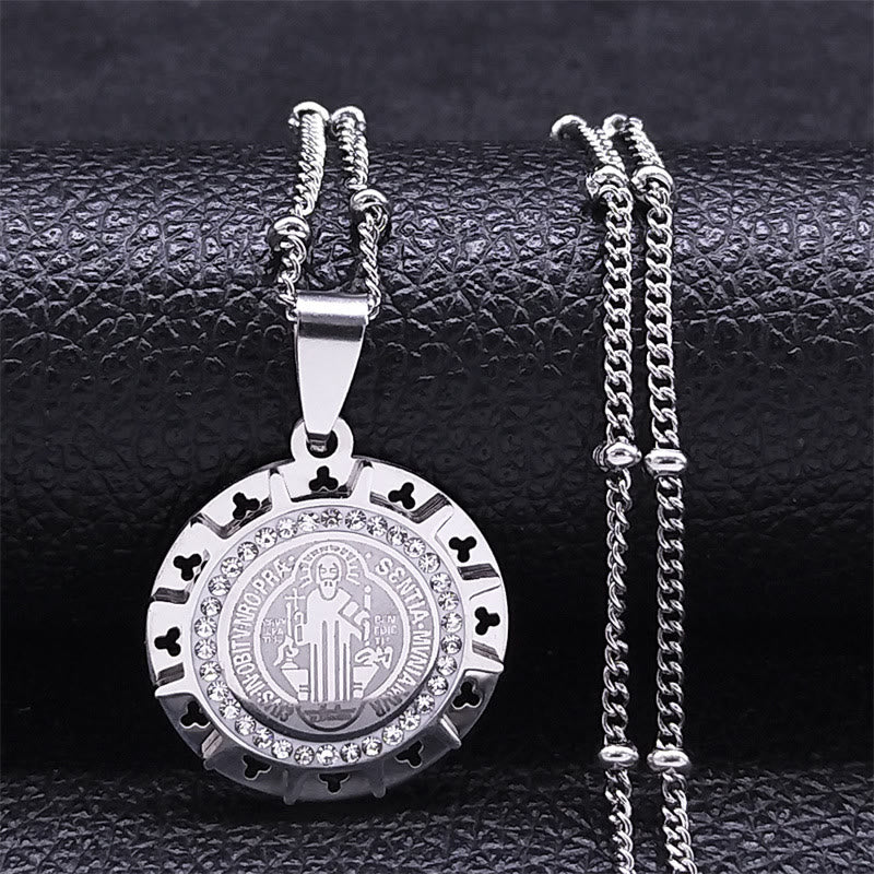 Christianartworkshop Retro Style Gem-set St. Benedict Medal Pendant Necklace - Silver - image 0