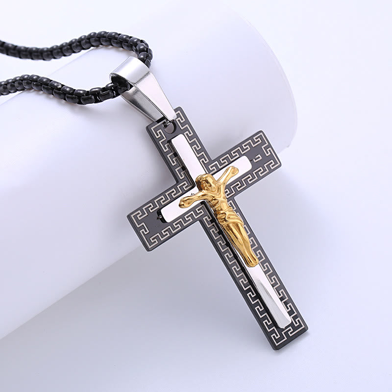 Christianartworkshop Retro Style Triple Layer Crucifix Pendant Titanium Necklace - Black - image 1