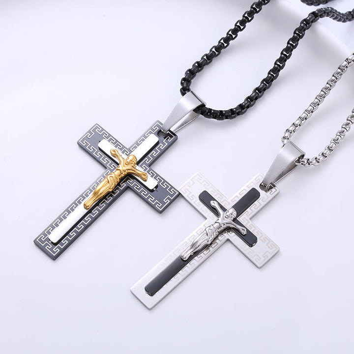 Christianartworkshop Retro Style Triple Layer Crucifix Pendant Titanium Necklace - image 5