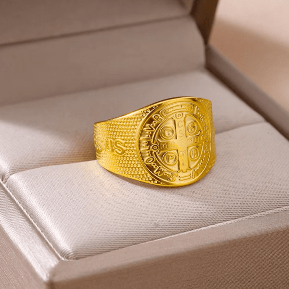 Christianartworkshop Classic Style JESUS St. Benedict Symbol Titanium Adjustable Ring - image 7