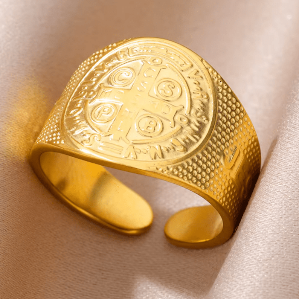 Christianartworkshop Classic Style JESUS St. Benedict Symbol Titanium Adjustable Ring - Golden(Suitable for AU Size L1/2 - AU Size S) - image 0