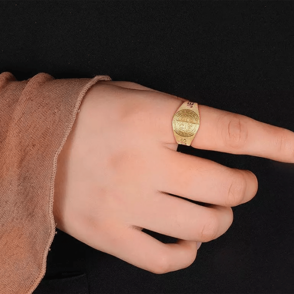 Christianartworkshop Classic Style JESUS St. Benedict Symbol Titanium Adjustable Ring - image 5