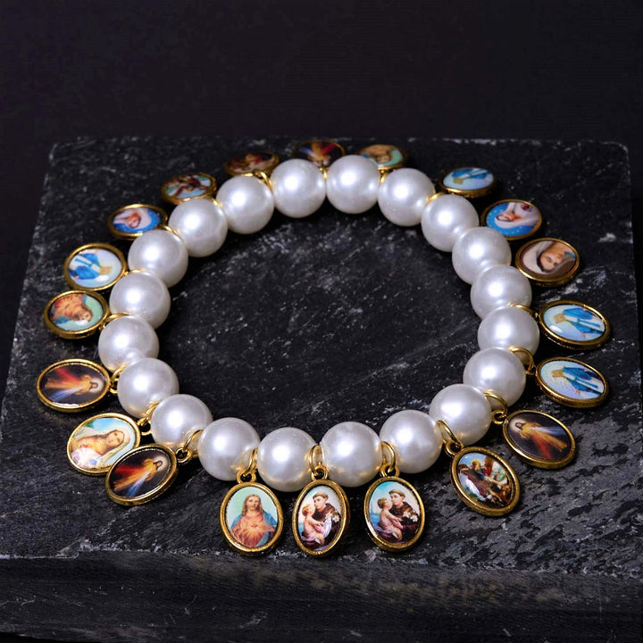 Christianartworkshop Retro Style Saint Jesus Mary Medals Cross Pearl Bracelet - image 4