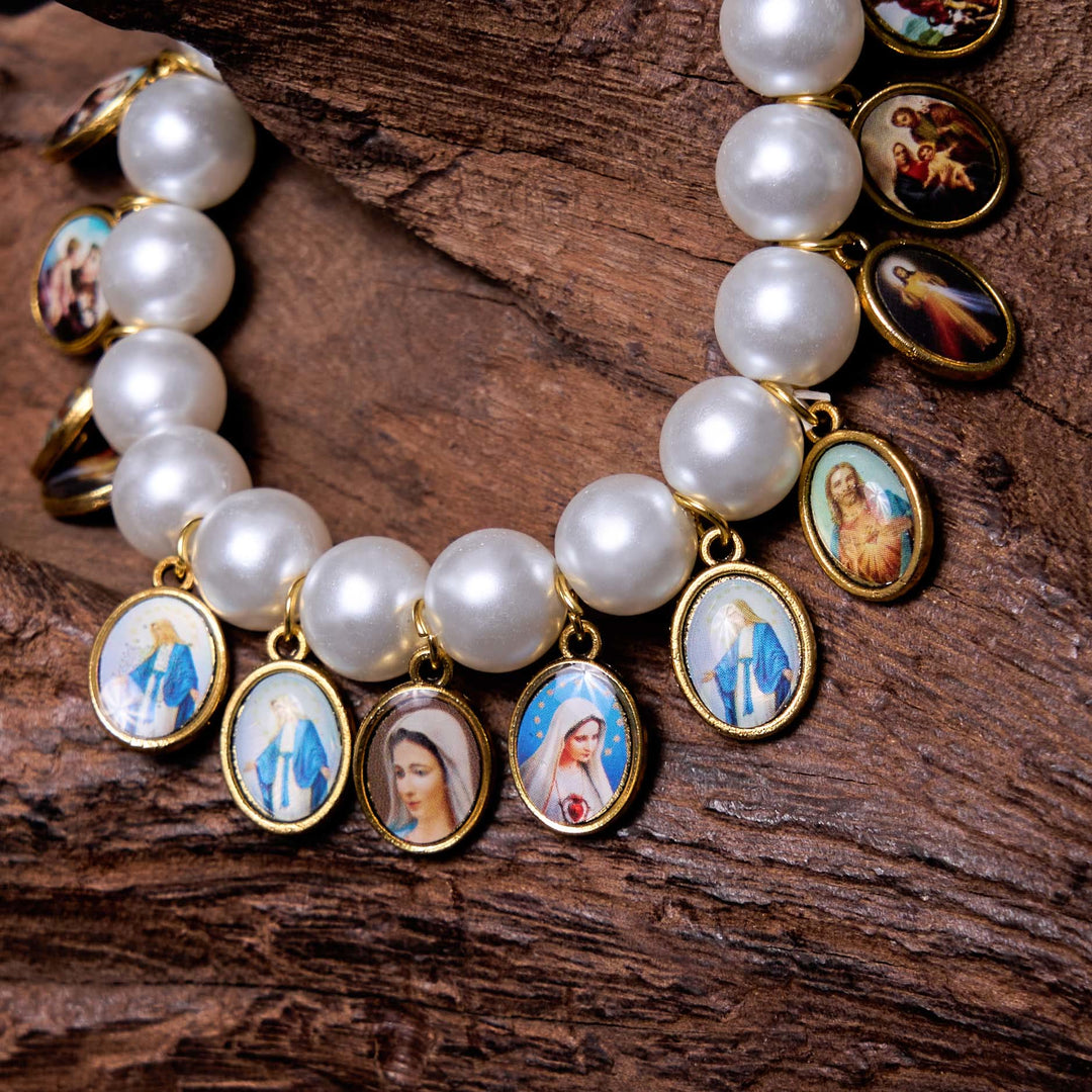 Christianartworkshop Retro Style Saint Jesus Mary Medals Cross Pearl Bracelet - image 7