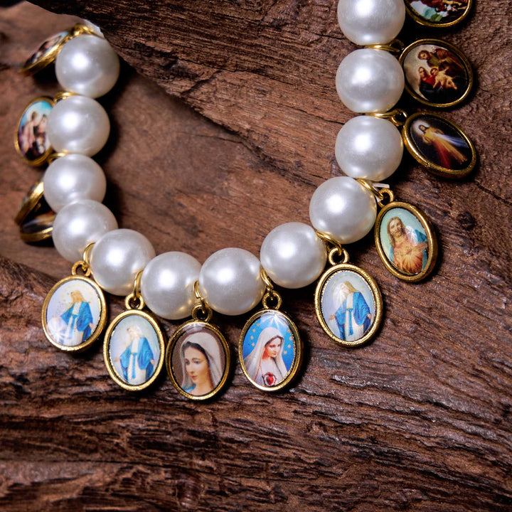 Christianartworkshop Retro Style Saint Jesus Mary Medals Cross Pearl Bracelet - image 7
