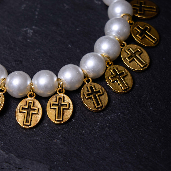 Christianartworkshop Retro Style Saint Jesus Mary Medals Cross Pearl Bracelet - image 6