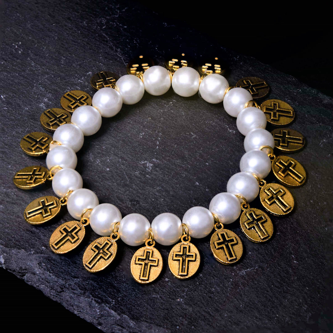 Christianartworkshop Retro Style Saint Jesus Mary Medals Cross Pearl Bracelet - image 1