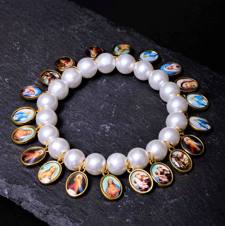 Christianartworkshop Retro Style Saint Jesus Mary Medals Cross Pearl Bracelet - Saint Medals - image 1