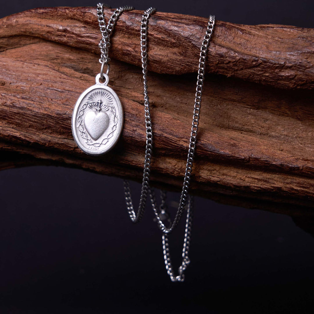 Christianartworkshop Classic Style Sacred Heart of Jesus Cross Flower Pendant Necklace - Silver - image 0
