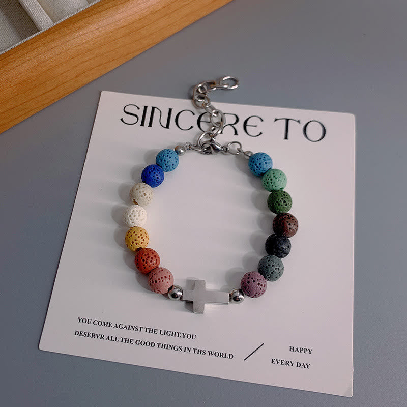 Christianartworkshop Minimalist Style Colored Volcanic Stone Beads Cross Bracelet - 8mm - image 0