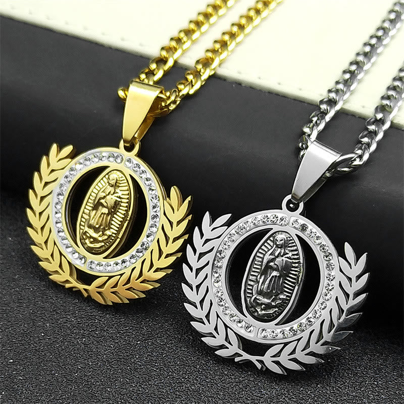 Christianartworkshop Classic Style Olive Branch with Our Lady of Guadalupe Rhinestones Pendant Necklace - image 1