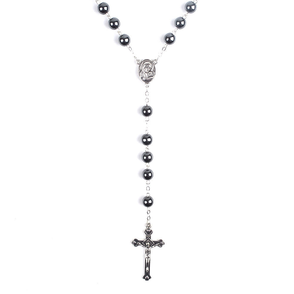 Christianartworkshop Madonna and Child & Crucifix of 8 mm Round Black Hematite Alloy Chain Rosary - image 4
