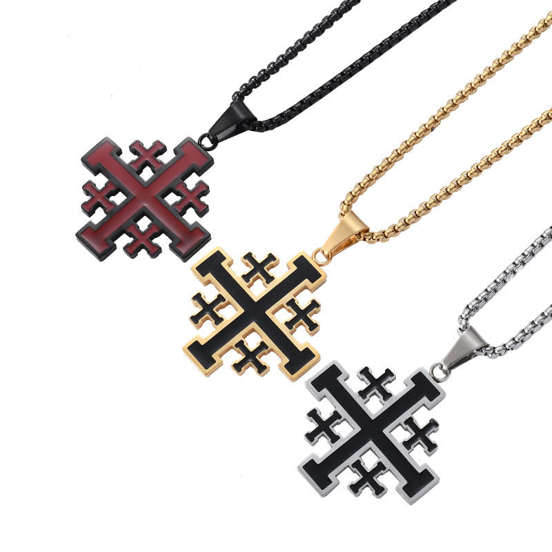 Christianartworkshop Hip-hop Style Jerusalem Cross Titanium Steel Pendant Necklace - Black with chain - image 1