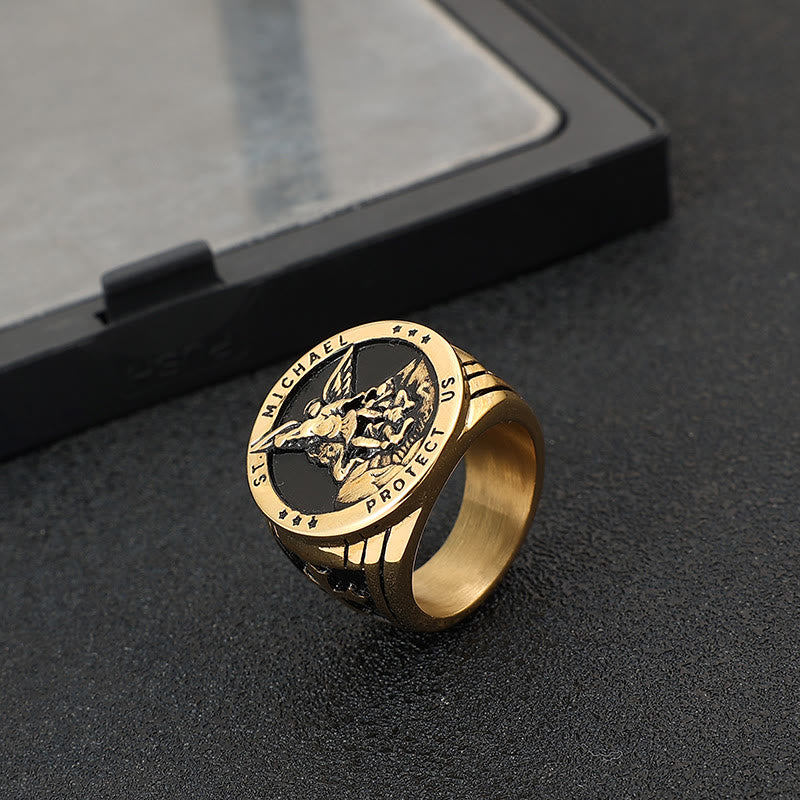 Christianartworkshop Retro Style Archangel Michael Titanium Steel Ring - Golden - AU Size Z（US 13） - image 5