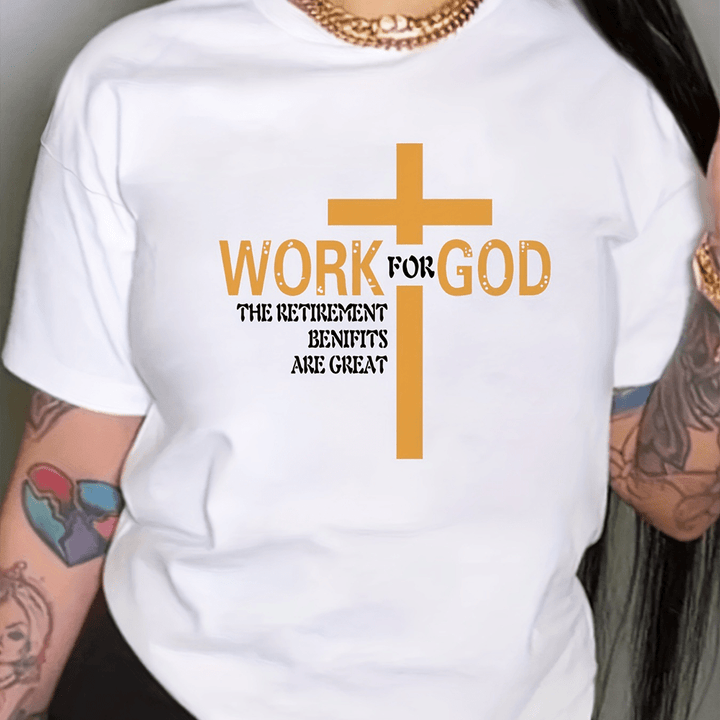 Christianartworkshop Minimalist Modern Style WORK FOR GOD Cross Short Sleeve Washed T-shirt - White - 3XL - image 2