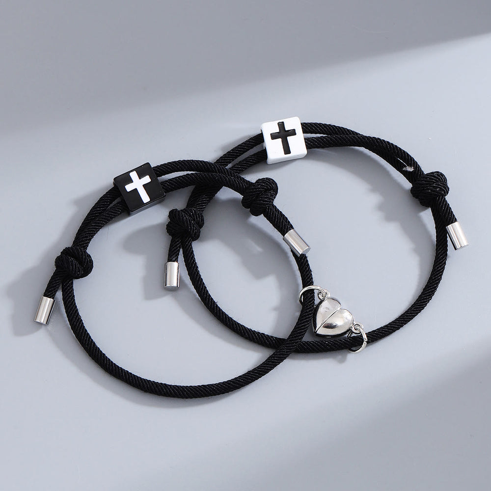 Christianartworkshop Minimalist Style Heart Magnet Alloy Cross Adjustable Couple Bracelet - Black+Black - image 2
