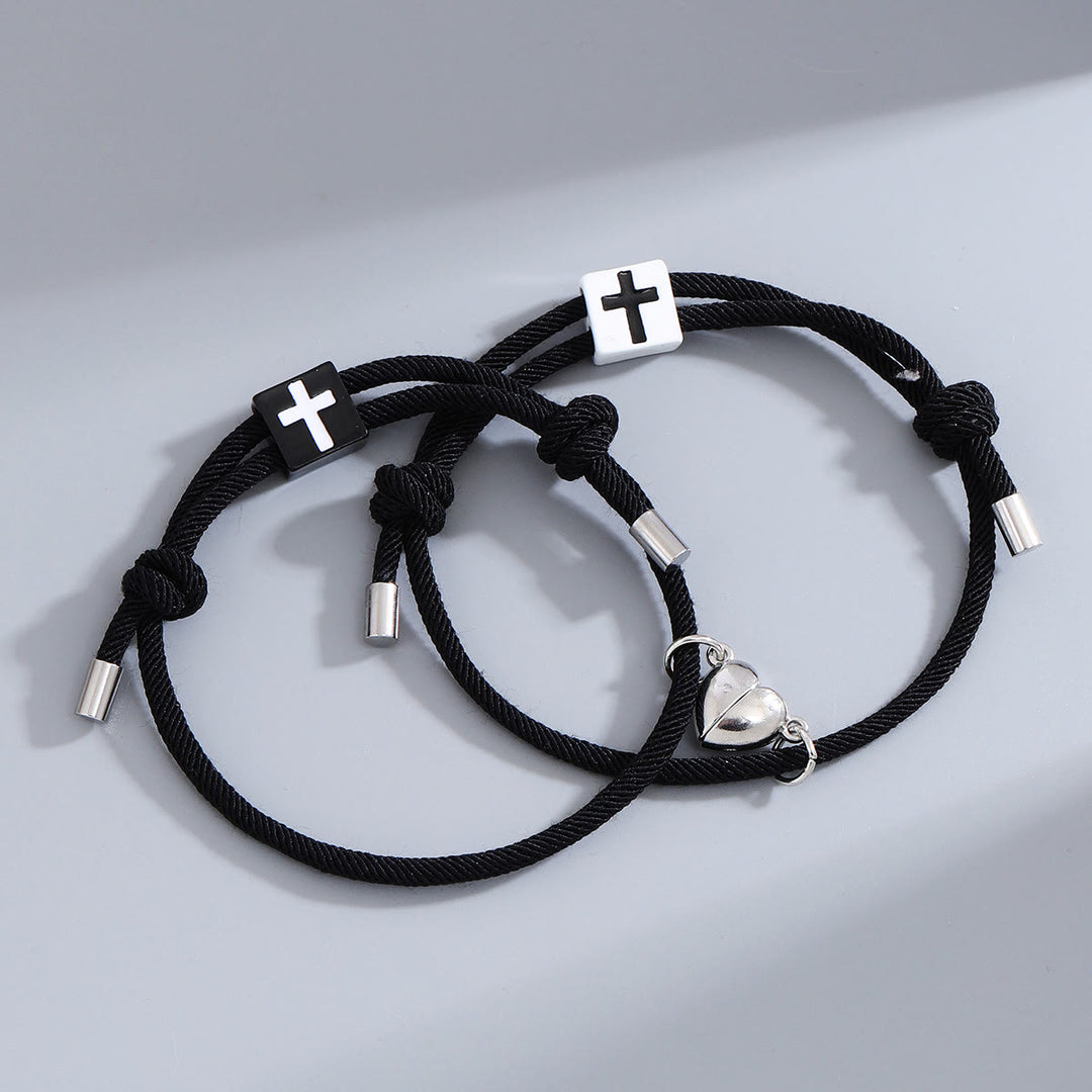 Christianartworkshop Minimalist Style Heart Magnet Alloy Cross Adjustable Couple Bracelet - Black+Black - image 2