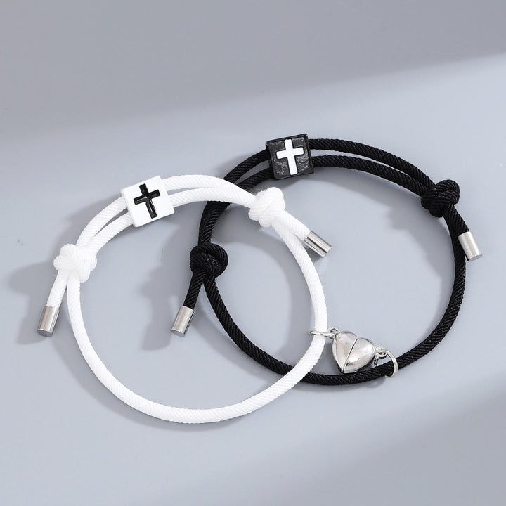 Christianartworkshop Minimalist Style Heart Magnet Alloy Cross Adjustable Couple Bracelet - Black+White - image 1