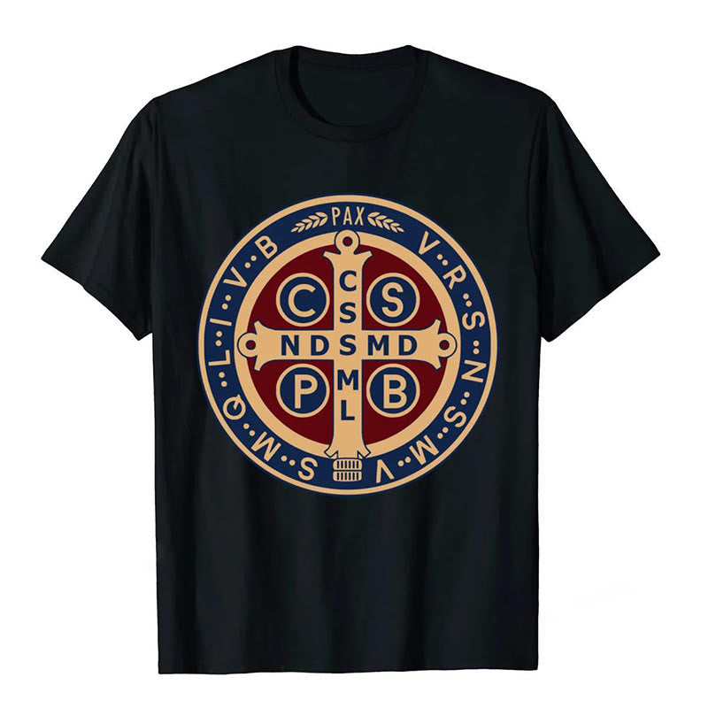 Christianartworkshop Classic Colored Style St. Benedict Protector Icon Short Sleeve T-shirt - Black - 2XL - image 0