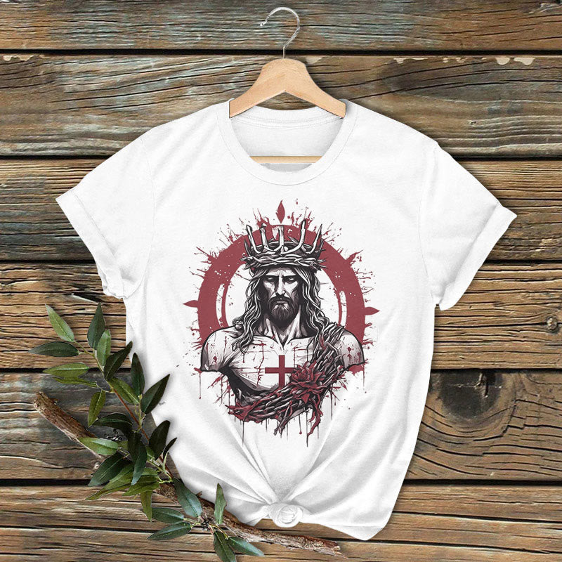 Christianartworkshop Classic Colored Style Crucifixion and Salvation of Jesus Short Sleeve Washed T-shirt - White - 2XL - image 0