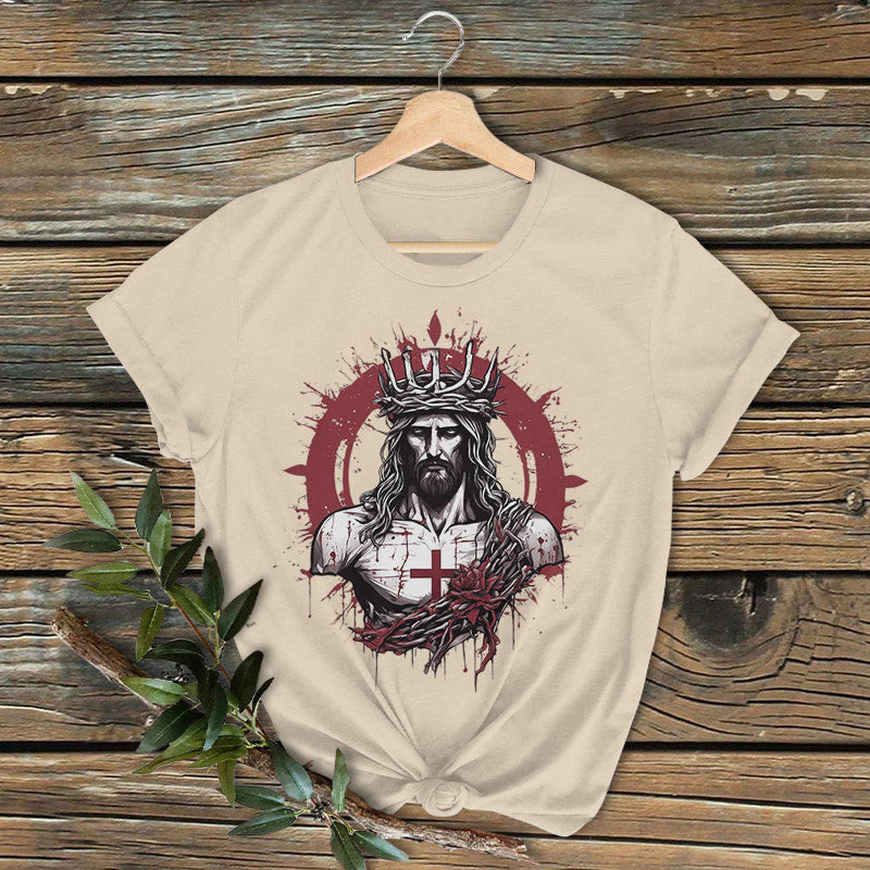 Christianartworkshop Classic Colored Style Crucifixion and Salvation of Jesus Short Sleeve Washed T-shirt - Beige - 2XL - image 1