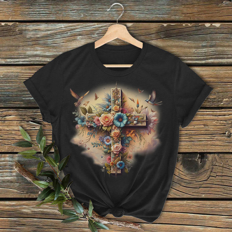 Christianartworkshop Classic Colored Style Cross of Love Short Sleeve Washed T-shirt - Black - 2XL - image 1