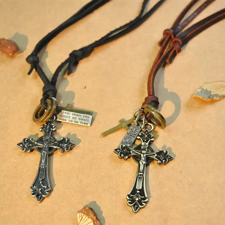 Christianartworkshop Retro Classic Style Crucifix Pendant Leather Rope Necklace - Bronze - image 1