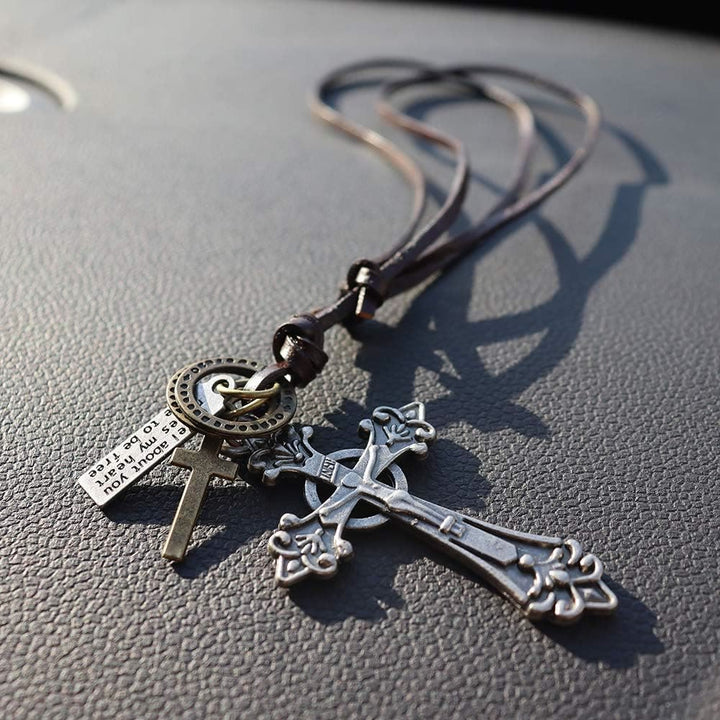 Christianartworkshop Retro Classic Style Crucifix Pendant Leather Rope Necklace - Silver - image 7