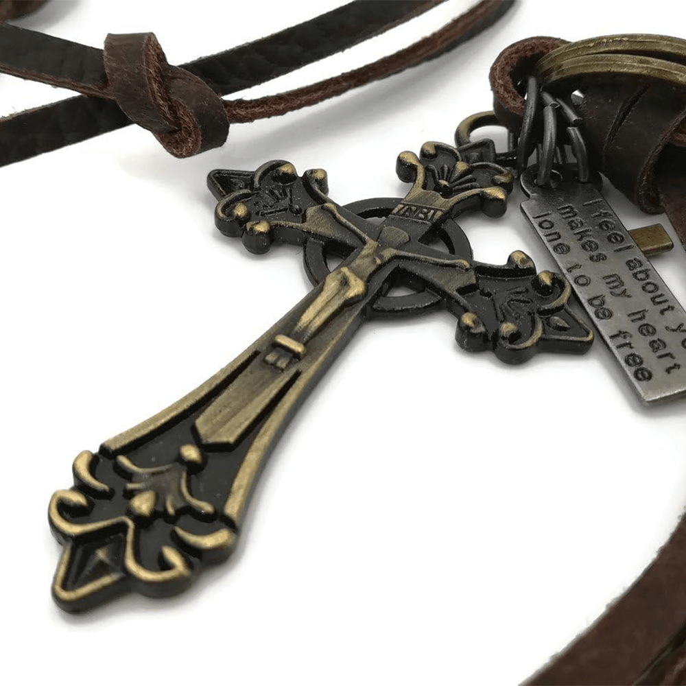 Christianartworkshop Retro Classic Style Crucifix Pendant Leather Rope Necklace - image 5