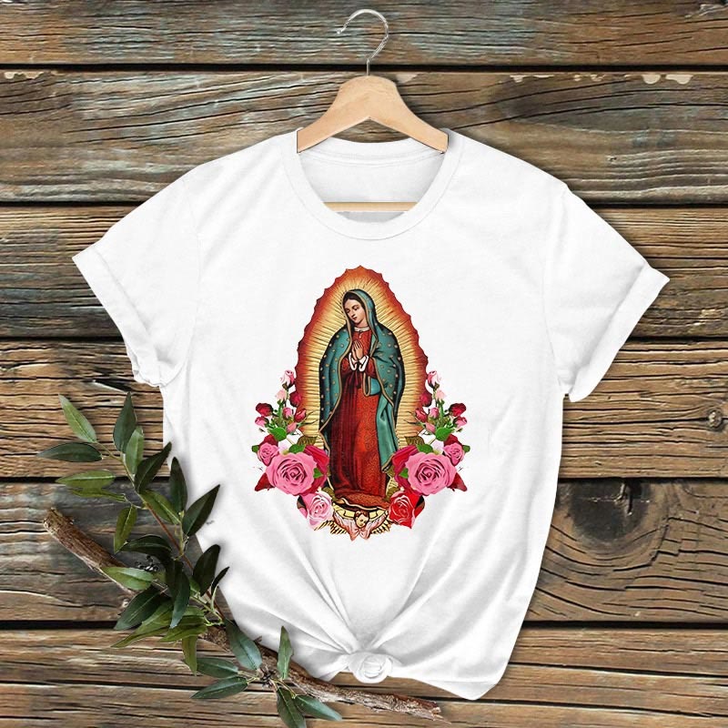 Christianartworkshop Classic Colored Style Our Lady of Guadalupe Short Sleeve Washed T-shirt - White - 2XL - image 0