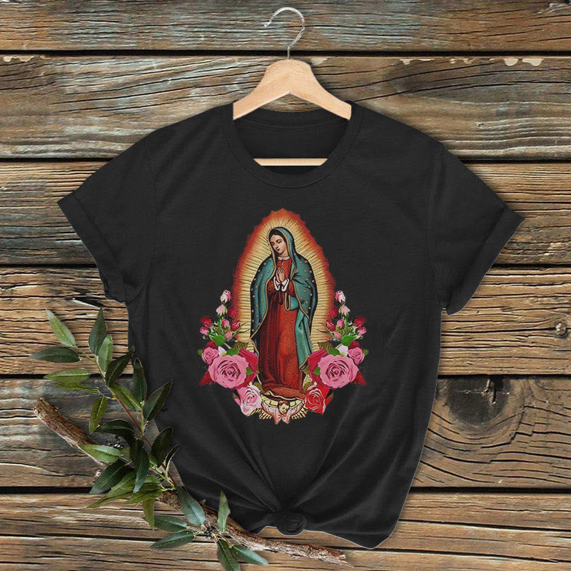 Christianartworkshop Classic Colored Style Our Lady of Guadalupe Short Sleeve Washed T-shirt - Black - 2XL - image 2