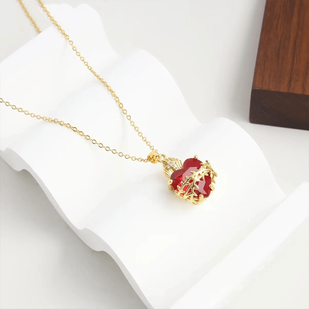 Christianartworkshop Modern Style Crafted Red Gemstones Sacred Heart of Jesus Pendant Necklace - image 1