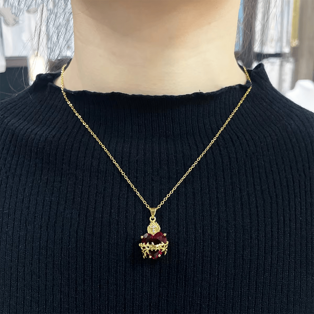 Christianartworkshop Modern Style Crafted Red Gemstones Sacred Heart of Jesus Pendant Necklace - image 2