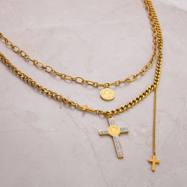 Christianartworkshop Layered Necklace Style St. Benedict Cross Pendant Mixed Chain Necklace - image 3